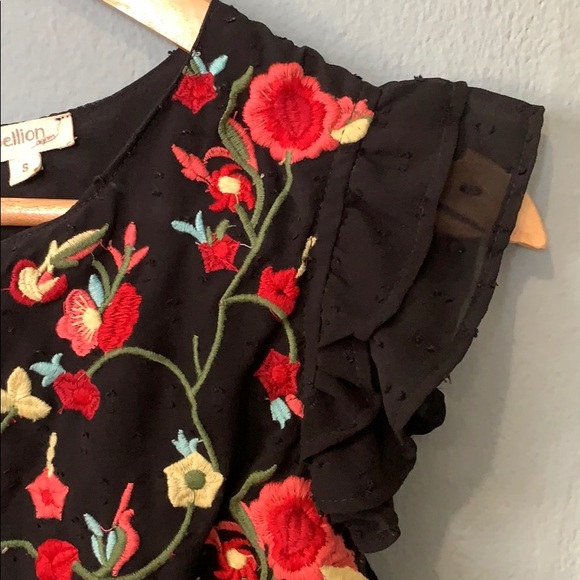 EMBROILED BLACK RUFFLED  BLOUSE - Picture 2 of 5